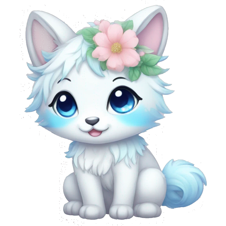 Anthro Cute Cool Blushing Pastel Innocent Shy Kawaii gorgeous sparkly ethereal fantasy animal creature with blue eyes furry sona with flowers and ribbons beautiful aesthetic emoji