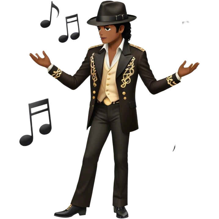Icon for R&B Music: Michael Jackson in his iconic pose at the end of a song, head tilted, holding his black fedora with one hand. He stands in profile, embodying the smooth and soulful energy of R&B. Musical notes surround him. Transparent background. emoji
