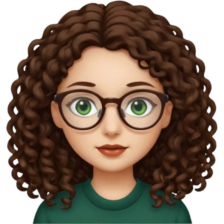 rapariga, olhos verdes escuros, cabelos compridos aos caracóis, com óculos emoji