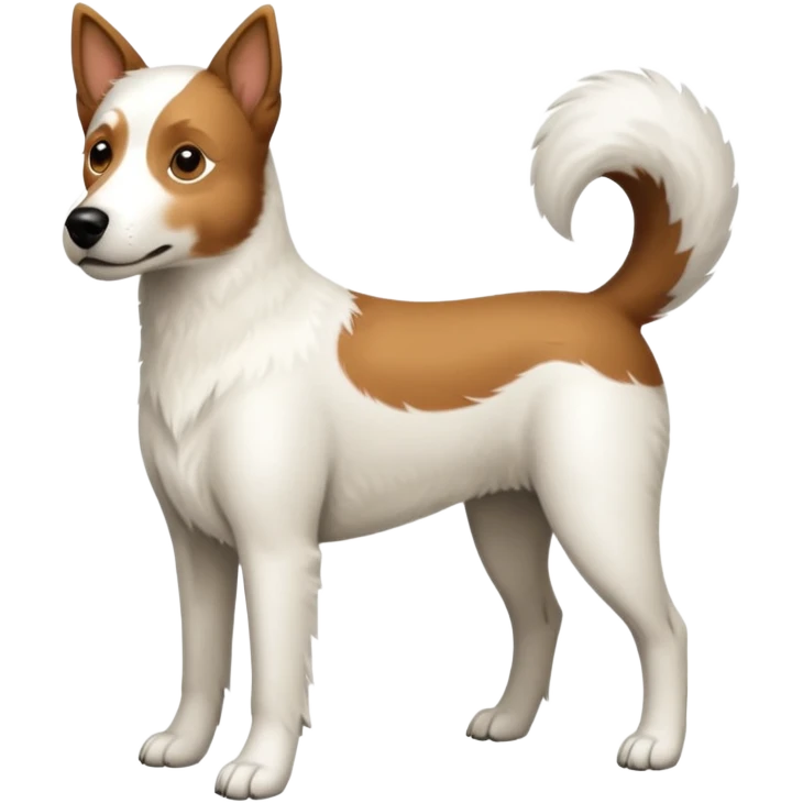 a full body large white parson russell looking dog the size of a kelpie with light brown ears and a light brown patch on one eye and a large snout emoji