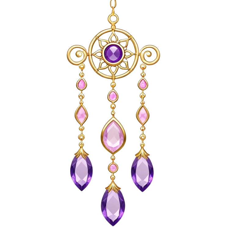 Epic Hanging gold suncatcher, threads with shiny sparkly amethyst and rose-quartz gemstones,  emoji