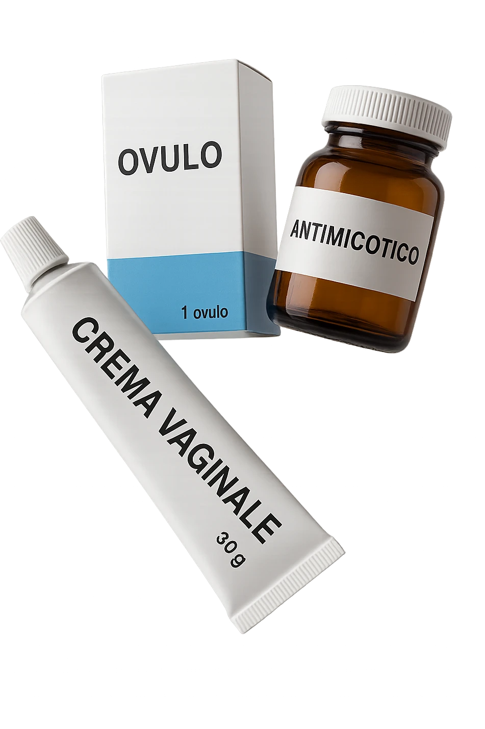 un tubetto di crema con la scritta "crema va**ale", una scatola con farmaco con la scritta "ovulo", un barattolo di farmaco con la scritta "antimicotico" in italiano sulle etichette, fluttuano in aria, IPERREALISTICO 4K emoji