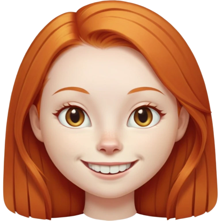 traditional emoji of young girl with very pale skin, long straight bright ginger red hair, cat-like almond-shaped eyes that are angled upward, wide flat nose, big smile with very large prominent teeth showing, classic round face emoji