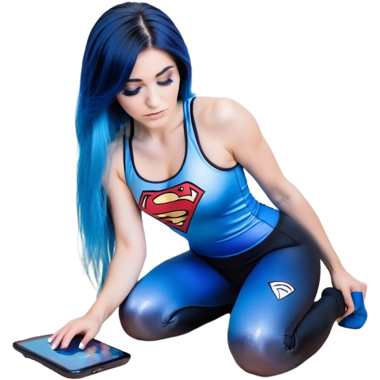 Disapponted-big tears-head back texting on phone-very very large upper body-sexy face-bending forward at waist-very long very straight dark blue to light blue ombre hair-and-blue eyes-thick black eyeliner-long eyelashes-iridescent blue lowcut tanktop with black leggings with glitter superman logo emoji