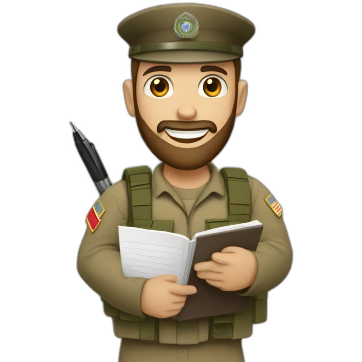 pale brown bearded IDF soldier happy holding notebook and pen emoji