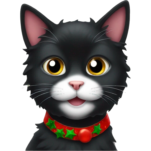 Fluffy Black cat with Christmas collar emoji