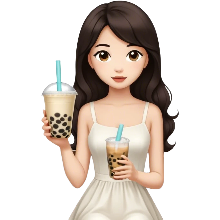 Beautiful woman in 1965’s woman fashion look, white dress, long dark brown hair, bubble tea emoji
