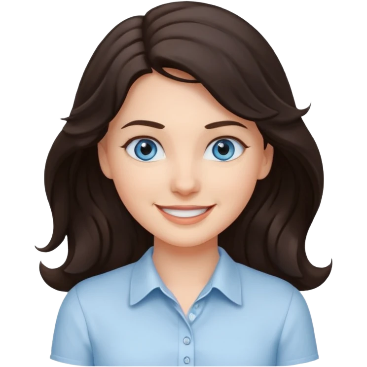 A White girl with wavy and dark hair, light blue eyes and a white shirt smiling emoji