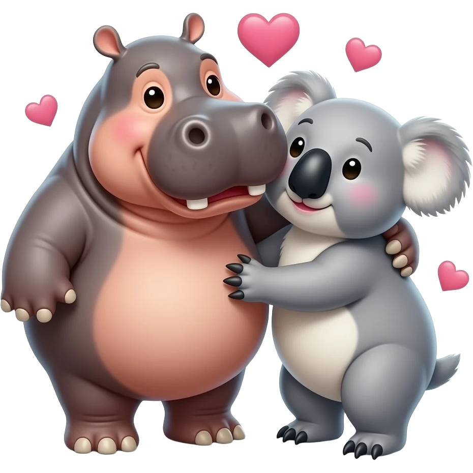 Hippo kissing a koala face in love. Cuddling.  Hugging.  Realistic. Not cartoon.  Hearts. emoji