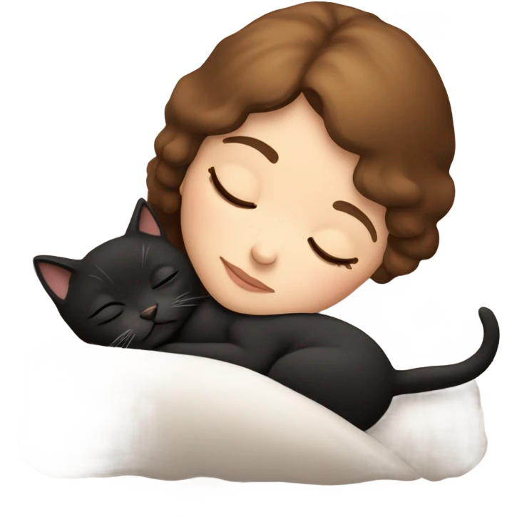 White girl brown hair sleeping with two little black kitty emoji