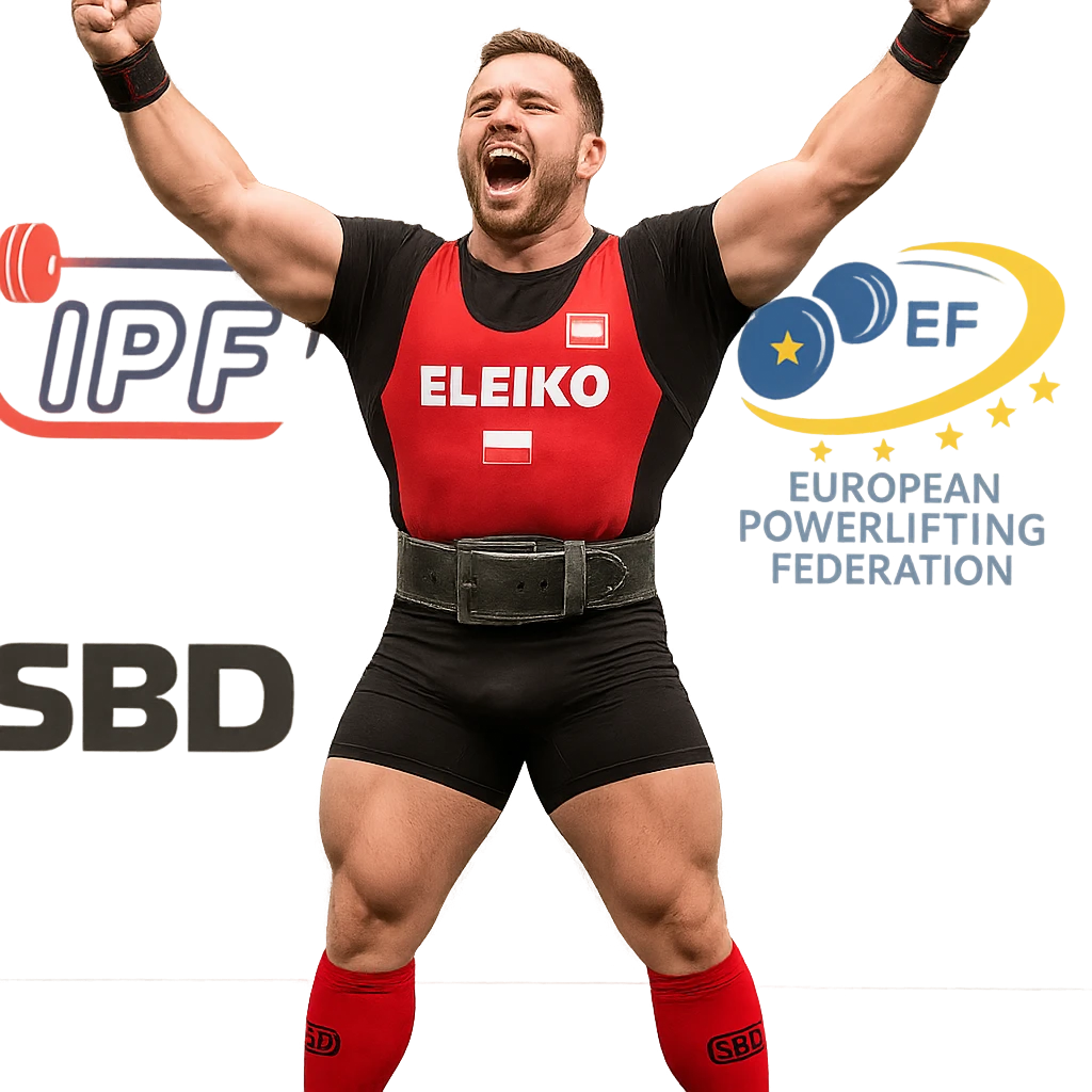European powerlifter celebrating after lift, arms raised, competition clothing, stage with federation logos, isolated on white background emoji