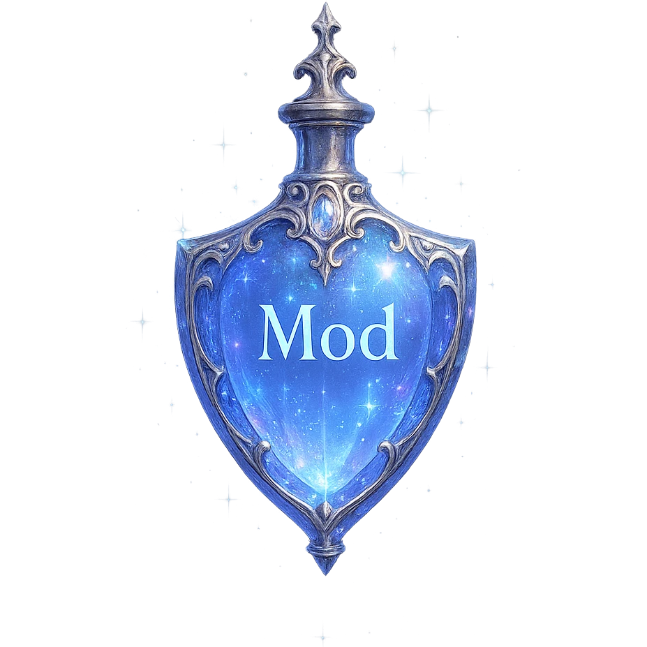luxurious crystal elixir bottle in shield shape, color #7986cb, ornate silver and iridescent details, magical glowing and sparkling effects, very small neck, seamless bottom, transparent background, bottle floating in air, no base or shadow, modern, collection style, the word 'Mod' written on the bottle emoji