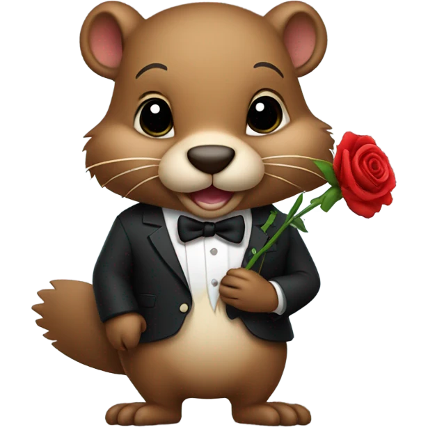 A humanistic beaver dressed in a tuxedo is holding a rose in its paws. emoji