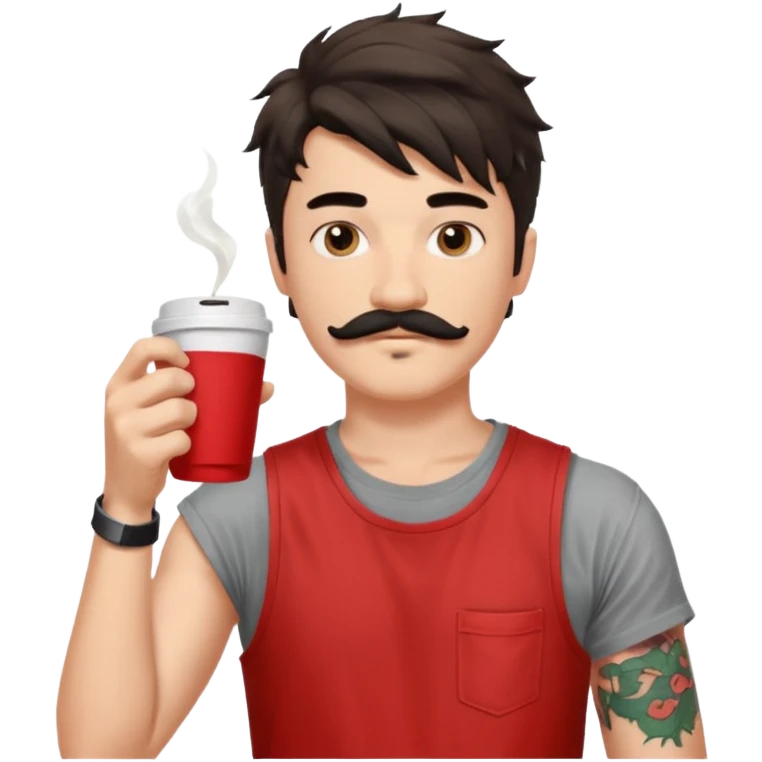 generate an ios genmoji of a fair 20 year guy with black mustache, messy mullet hairstyle, drinking takeaway coffee. wearing a sleeveless red tshirt emoji
