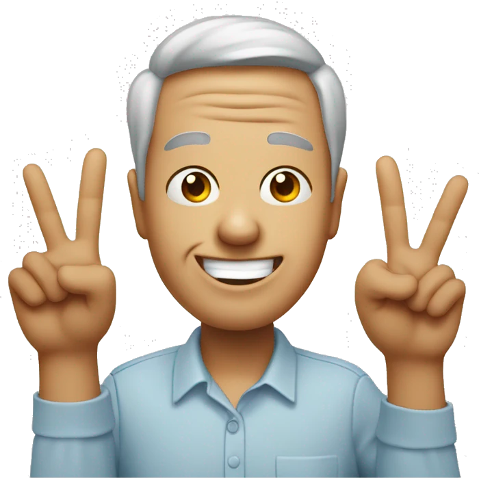 A face with eyes wide, grinning anxiously, forehead in wrinkles and two hands throwing peace signs emoji