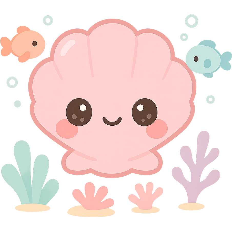 extremely cute underwater cartoon shells, big round head, huge sparkling eyes, small smiling mouth, pink shiny skin, rosy cheeks, soft pastel colors, plastic toy-like texture, chibi style, surrounded by colorful fish and coral, gentle lighting, 3D-rendered, high detail, kawaii aesthetic emoji