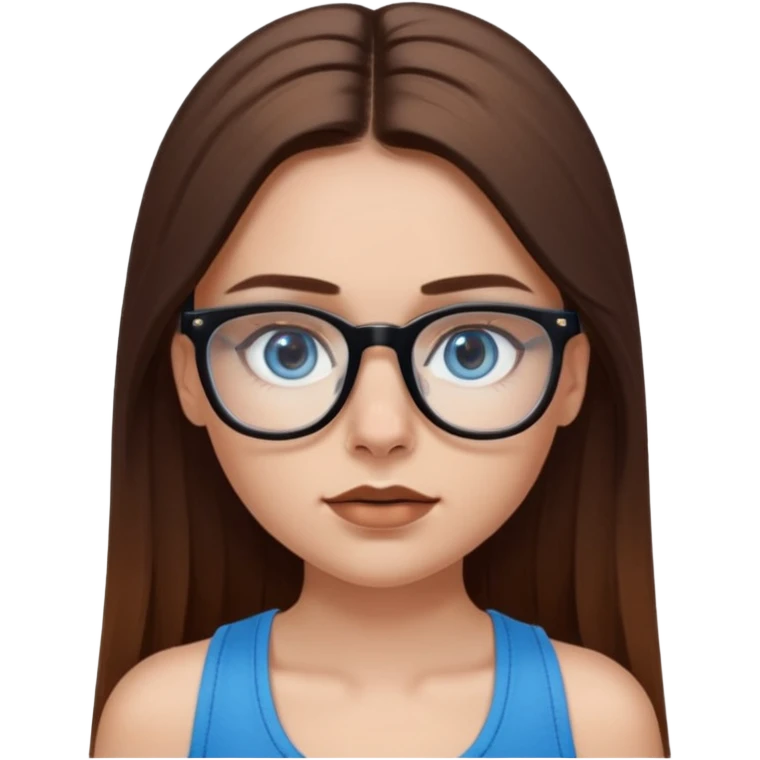 White girl with long straight brown hair and blue eyes wearing plastic frame glasses that go from black to clear ombré from top to bottom. Stud nose piercing on right side of nose and a septum piercing (the ring on bottom of nose). Wearing black tank top. emoji