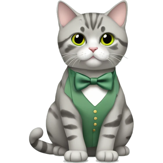 Aesthetic fat grey tabby British short hair full body cat with sage green bow tie emoji