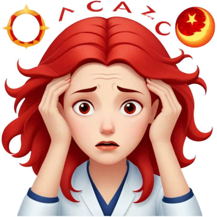 A Pixar-style sticker of an anxious female astrologer based on the reference photo, staring at an eclipse calendar, pulling her hair, floating red zodiac signs behind her, exaggerated worried expression, white background emoji
