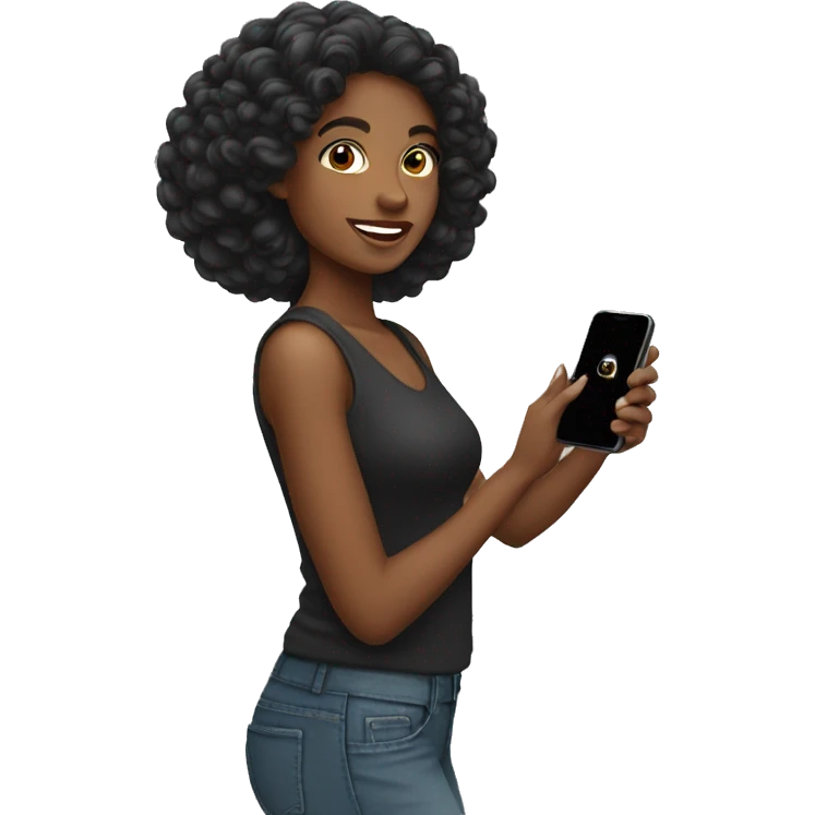 mujer cabello negro con celular emoji