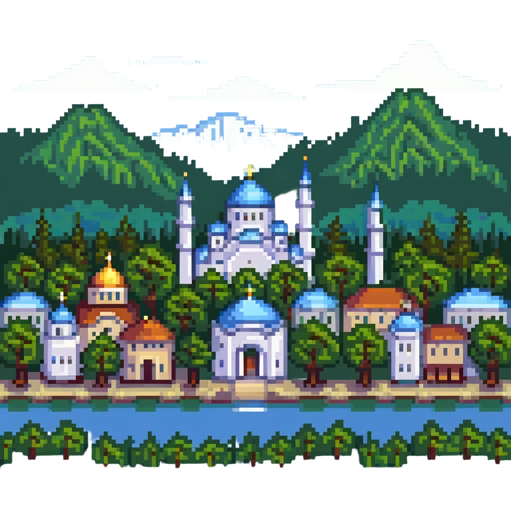 cityscape of Nalchik with iconic buildings and trees in pixel art style emoji
