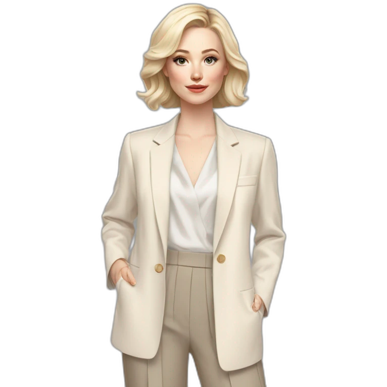 pale skin woman with ash blonde Straightened bob Hair, White Spacious classical jacket, beige palazzo Arrow pants and gray blouse holding a color palettes in the hands emoji