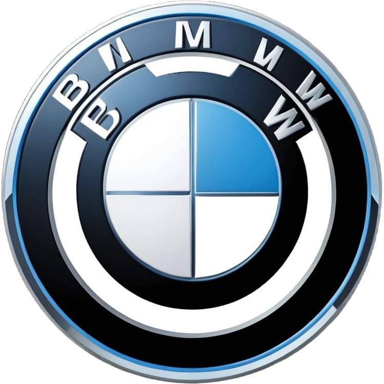 A clean, circular car logo inspired by BMW, with a black outer ring, inner circle divided into four equal quadrants, alternating blue and white colors, bold white letters on the black ring, glossy finish, minimal background, high resolution, professional automotive logo style emoji