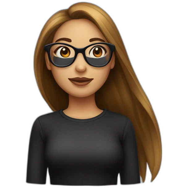 une fille avec de long cheveux noir lisse, et avec des lunette (en forme de carrer un peu déformé) assez grosse comparer a ça tête , portant un pull noir emoji