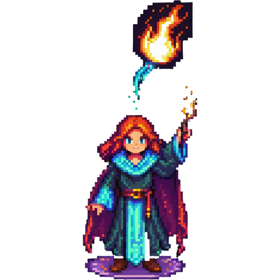 pixel art character casting a magic spell with glowing effects emoji