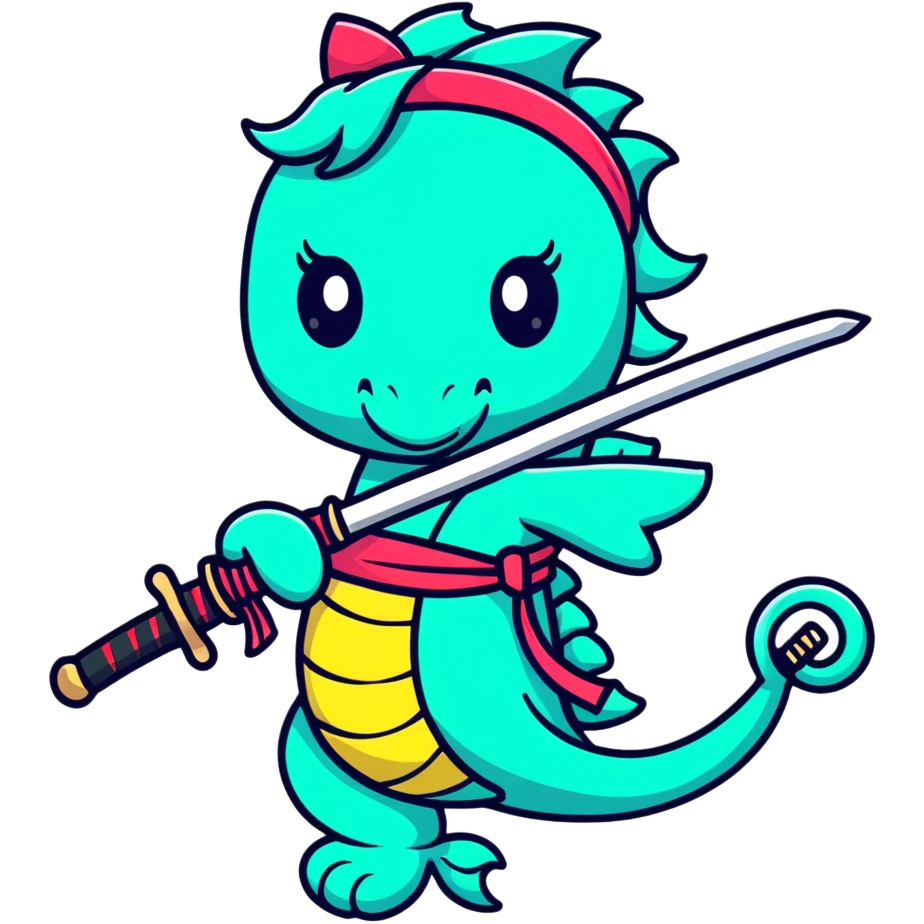 Seahorse ninja with ninja headband and katana sword emoji