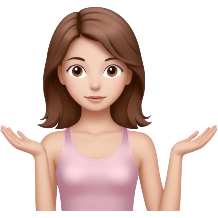 brown hair girl wearing light pink pilates clothes, silk beautiful medium hair and brown eyes emoji