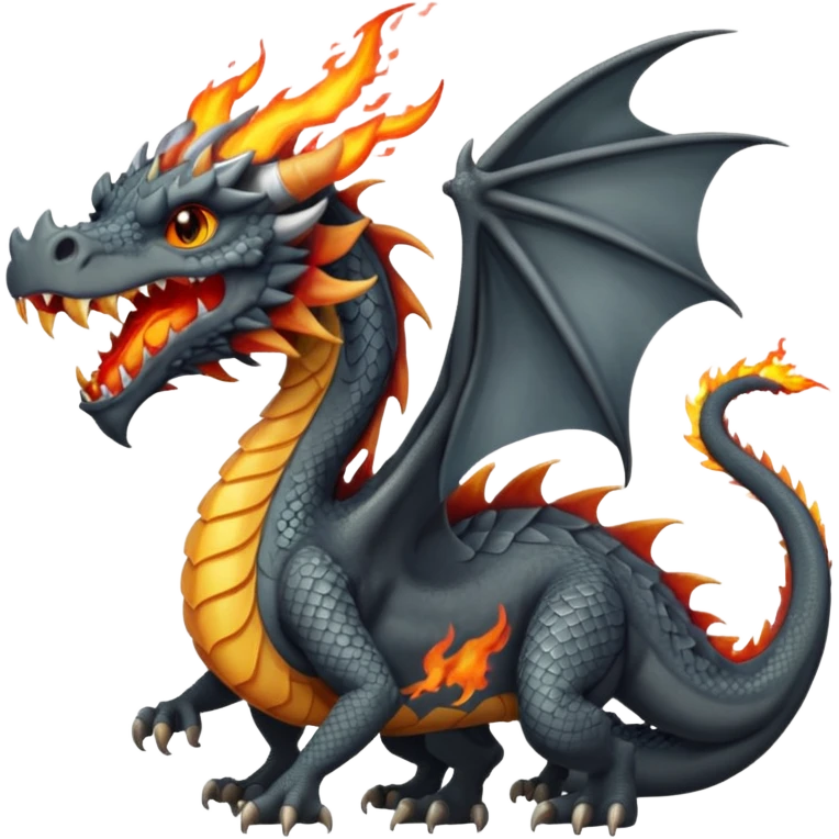 a dark gray dragon with 3 heads that breathes fire emoji
