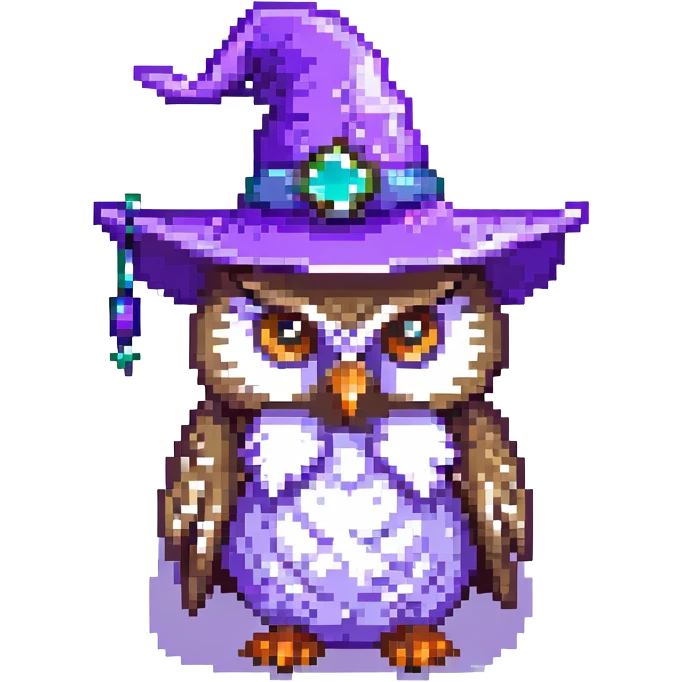 owl perched wearing a purple wizard hat pixel art emoji