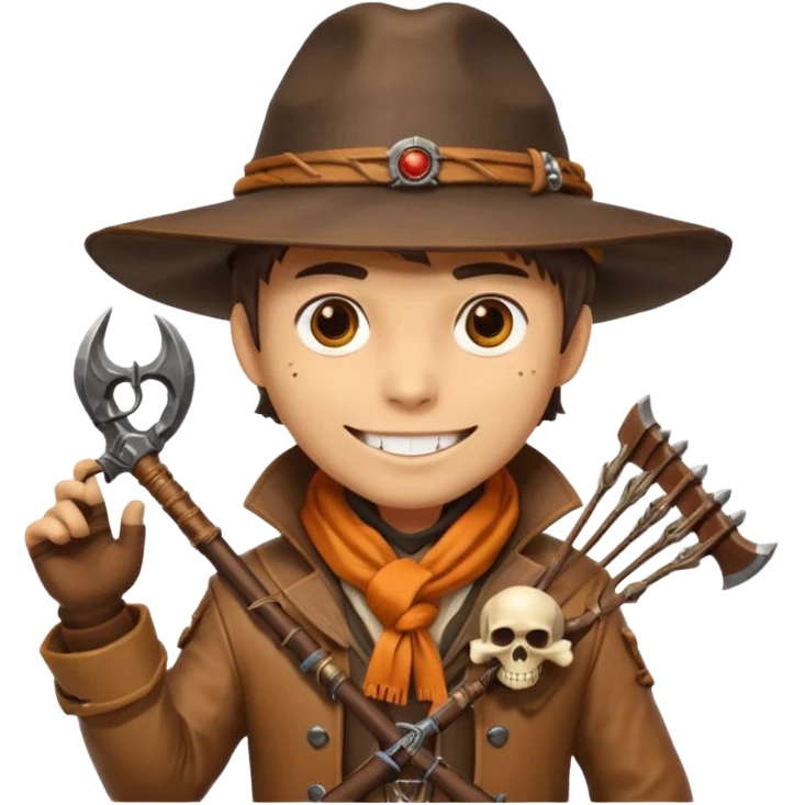 male human monster hunter emoji, wearing brown leather coat and wide hat, holding crossbow, with amulet shaped like skull, Halloween fantasy theme, confident smile, orange scarf, Apple emoji style, clean white background, square image emoji