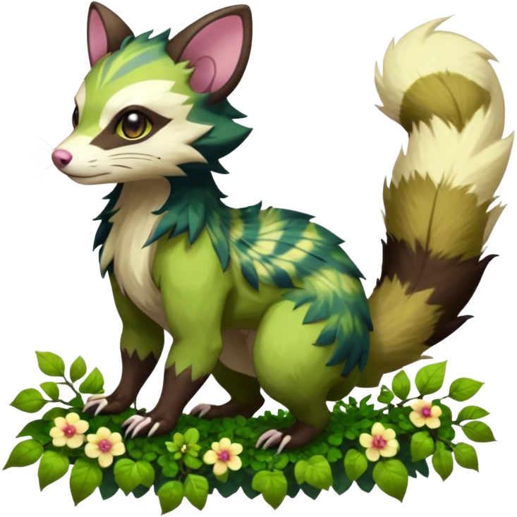 Realistic Sharp swampy realistic mossy grassy elemental ivy floral detailed Colorful translucent luminescent glowing Trico-Sergal-Furret-Ferret-Wolverine-Vernid-furry-fursona-fusion-Fakemon-animal-hybrid-creature, full body emoji