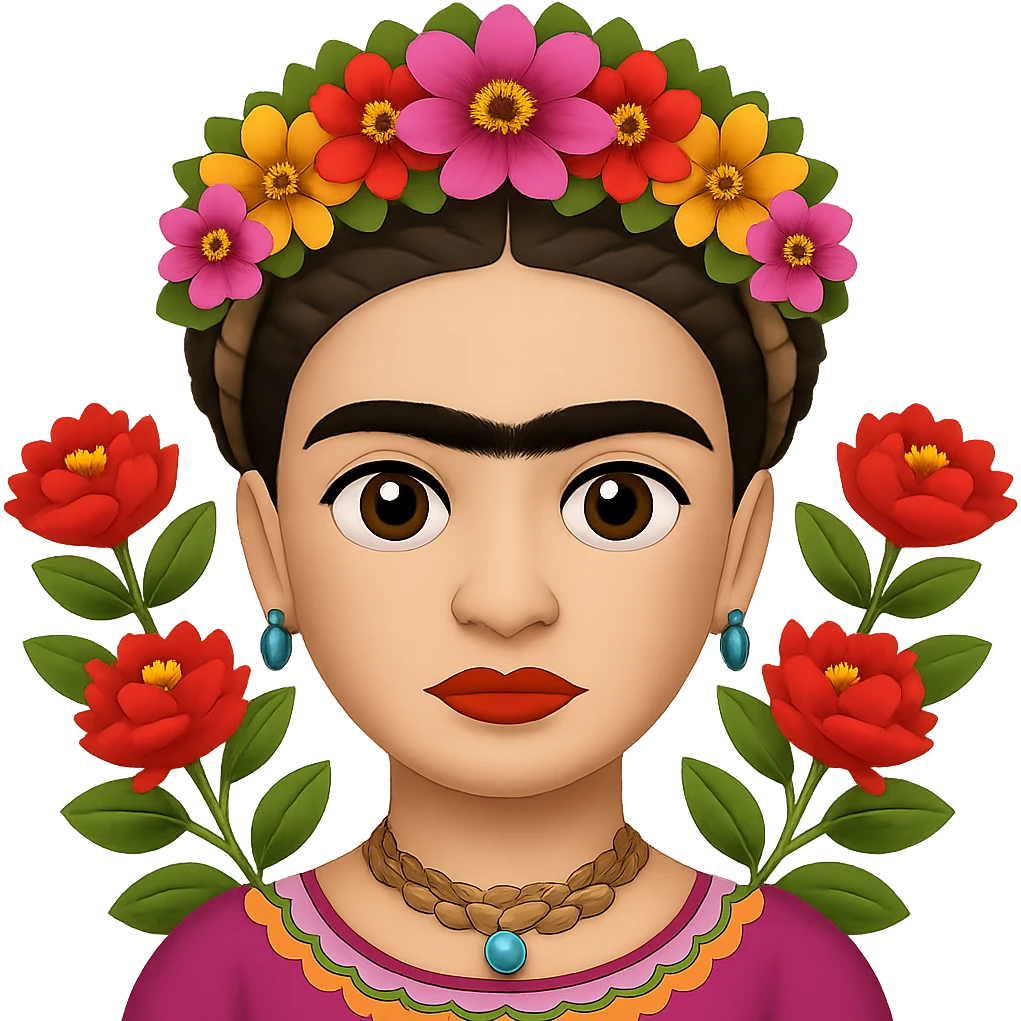 Add a more prominent unibrow to Frida Kahlo in the style of emoji. Keep the transparent background. emoji