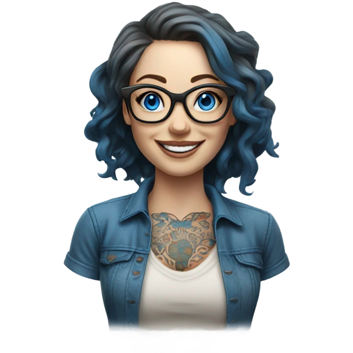 3d photo Realistic Balayage pale beautiful tattooed woman with glasses and blue eyes happy  emoji