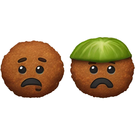 Two meat balls side by side with a pickle standing vertically on top in the middle of them emoji