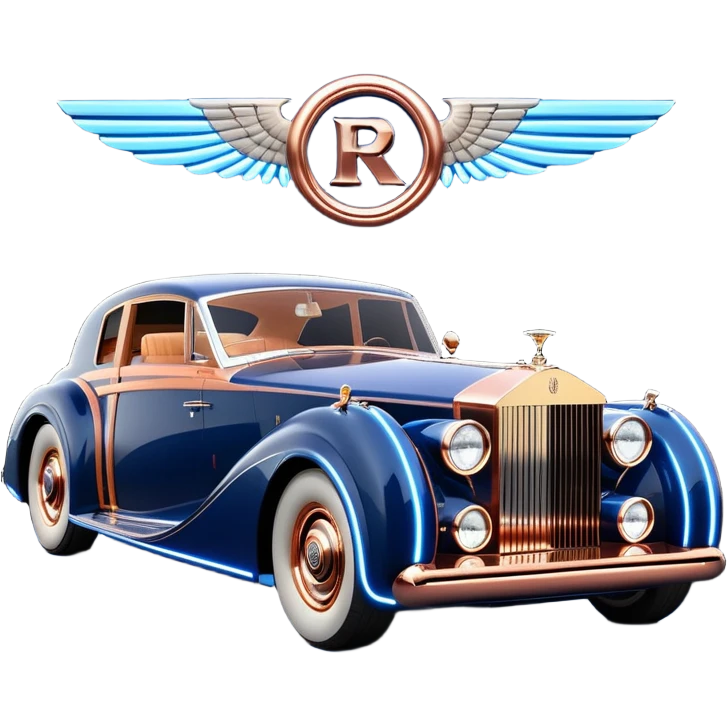 dark blue led lights on a streamlined channeled hot rodded delicately inlaid rose gold and wood accentuated sporty 1939 Rolls Royce with futuristic electric spaceship plasma neon glowing motors and lightening dynamos with wide racing wheels that are held strong by advanced suspension and steering emoji