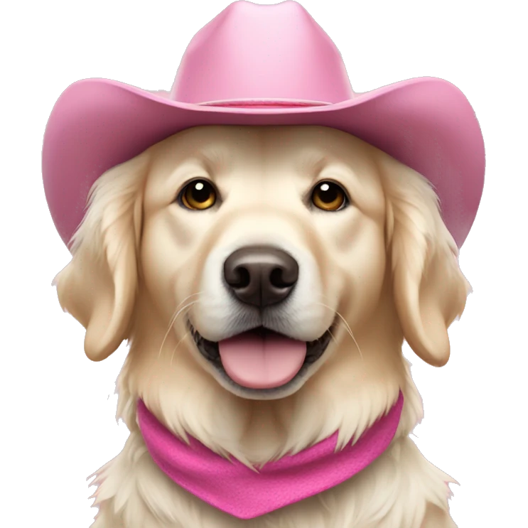 White golden retriever wearing pink cowboy hat emoji
