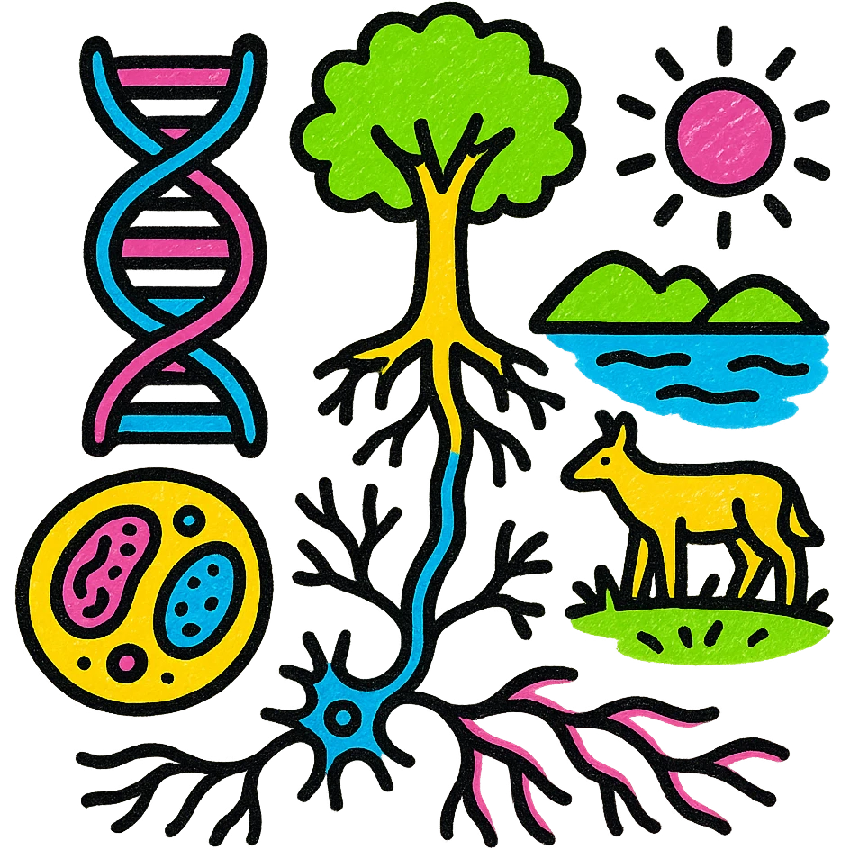 A realistic biological illustration (like in a school book) showing: DNA strands transitioning into a tree, cells with visible organelles, neurons connected to plant roots  and a balanced ecosystem background . Seamless integration, no labels or borders, complete white background (not off white!), detailed but minimalist.  emoji