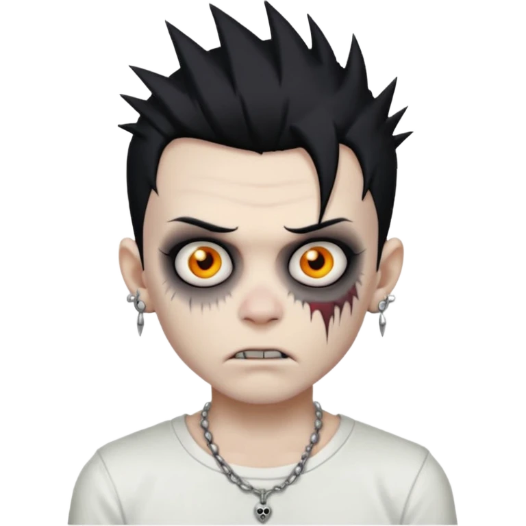 zombie boy with spiky emo black hair and white shirt , tattos, a risk on the eyebrow, earings,  a necklace emoji  emoji