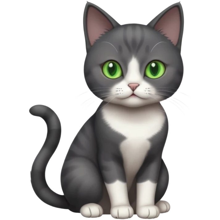 beautiful female solid dark grey cat with green eyes, white toes/paws and white patch on her chest playing emoji