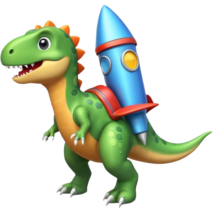 cute toy-like rocket-propelled dinosaur, rounded shapes, glossy texture, colorful rocket backpack, happy expression, 3D cartoon, mobile game icon style, clean background, no text, no watermark
 emoji