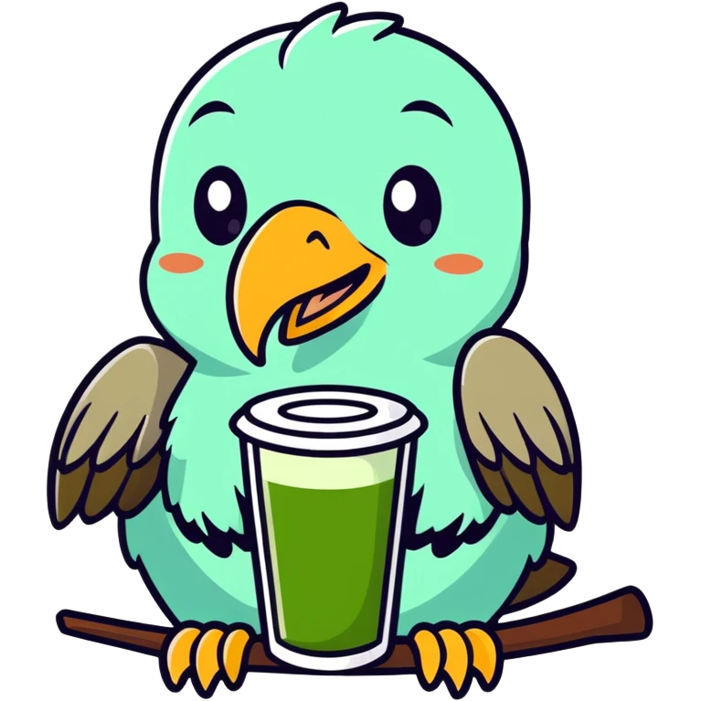 A cute vulture holding a matcha emoji