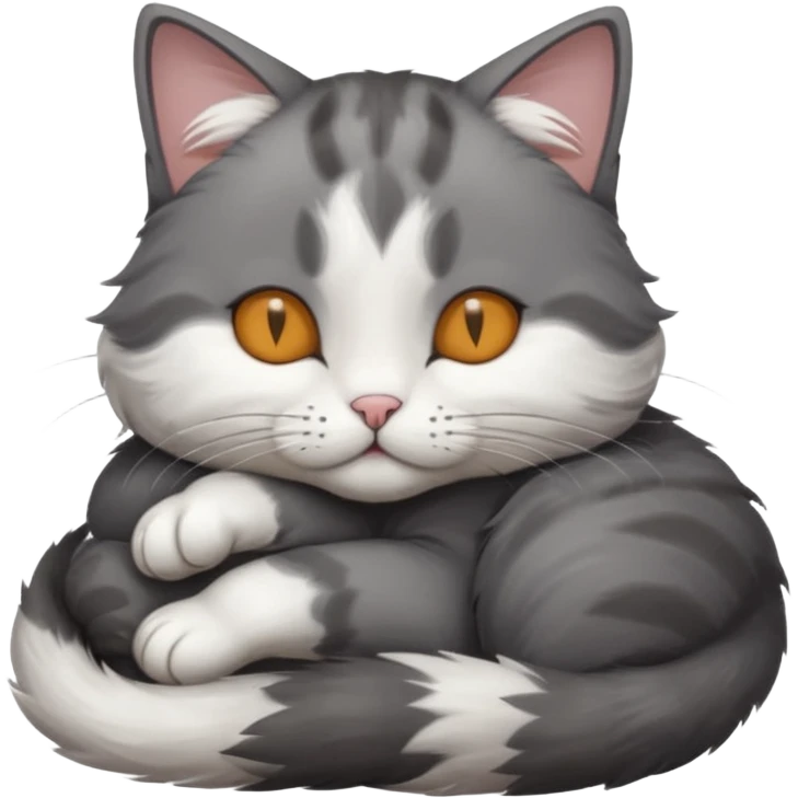 dark grey and white small cat with his eyes closed leaning his head on his paw while lying down emoji