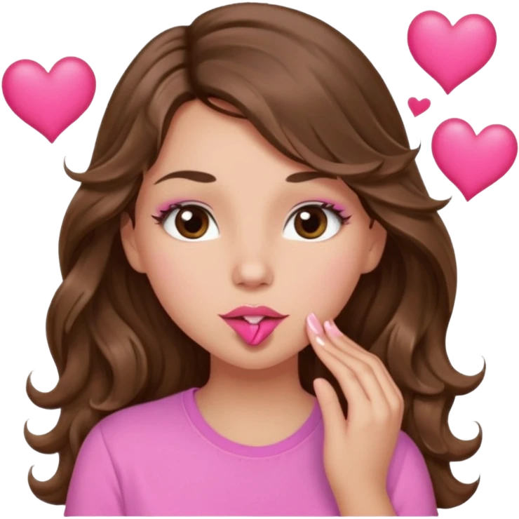 girl with long wavy brown hair, brown eyes, light to medium complexion, in a pink shirt, pink lips, long lashes, puckering up for a kiss, kiss lips and hearts emoji