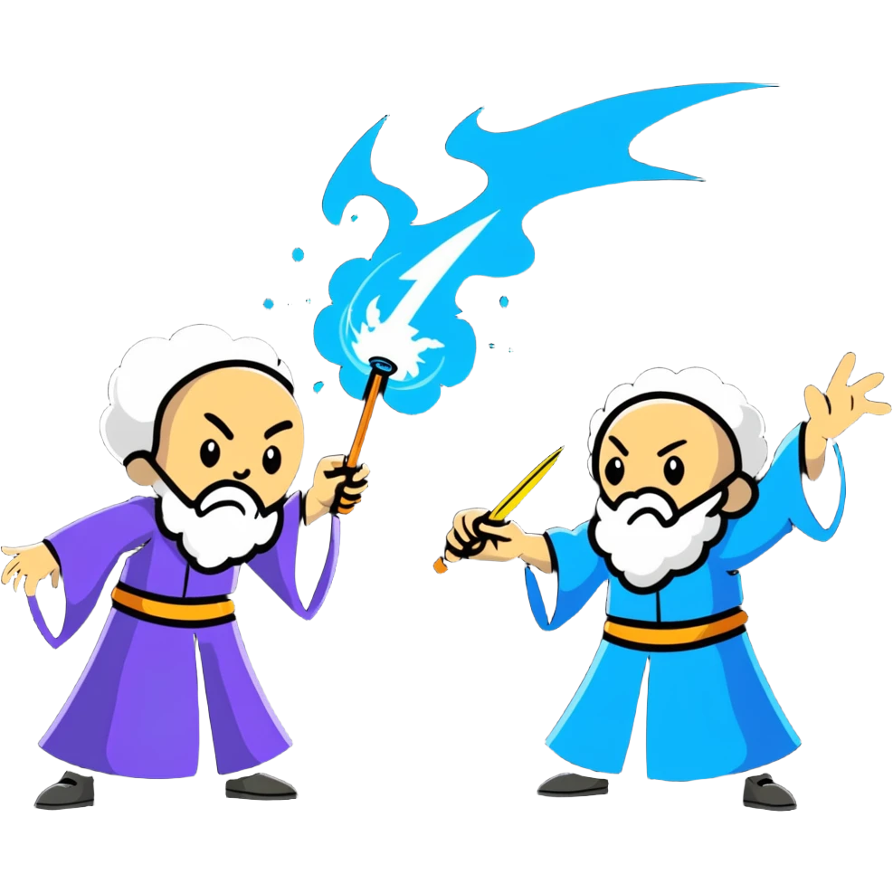 wizard and brain dueling with colorful spell blasts emoji