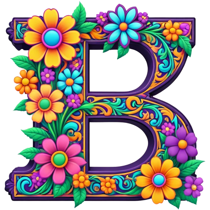 3D, gothic style psychedelic colored Letter “F” with hippie style flower border emoji