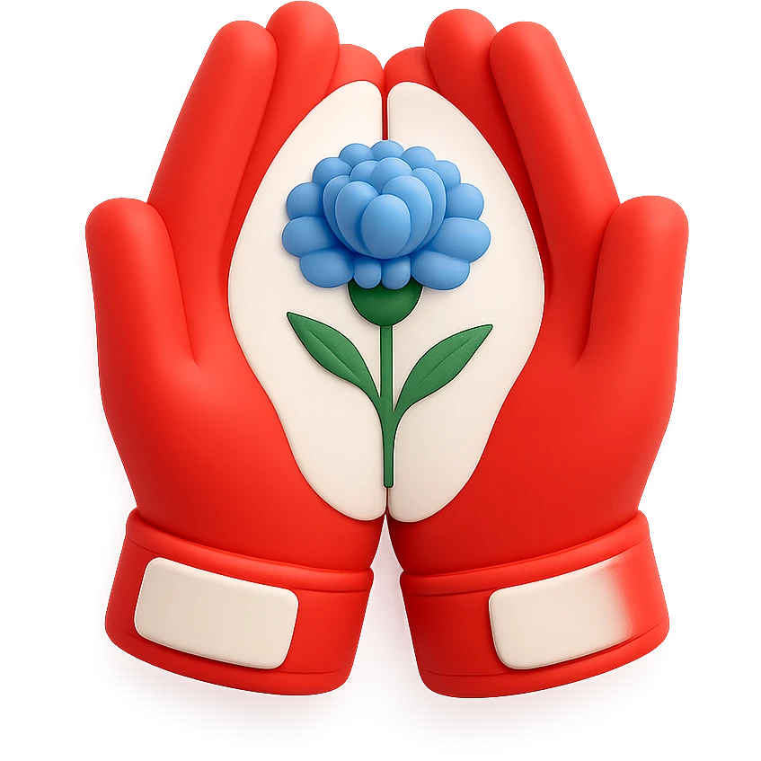 A pair of 3D red batting gloves, palms facing out and pressed together, displaying a blue carnation on the inside surface emoji